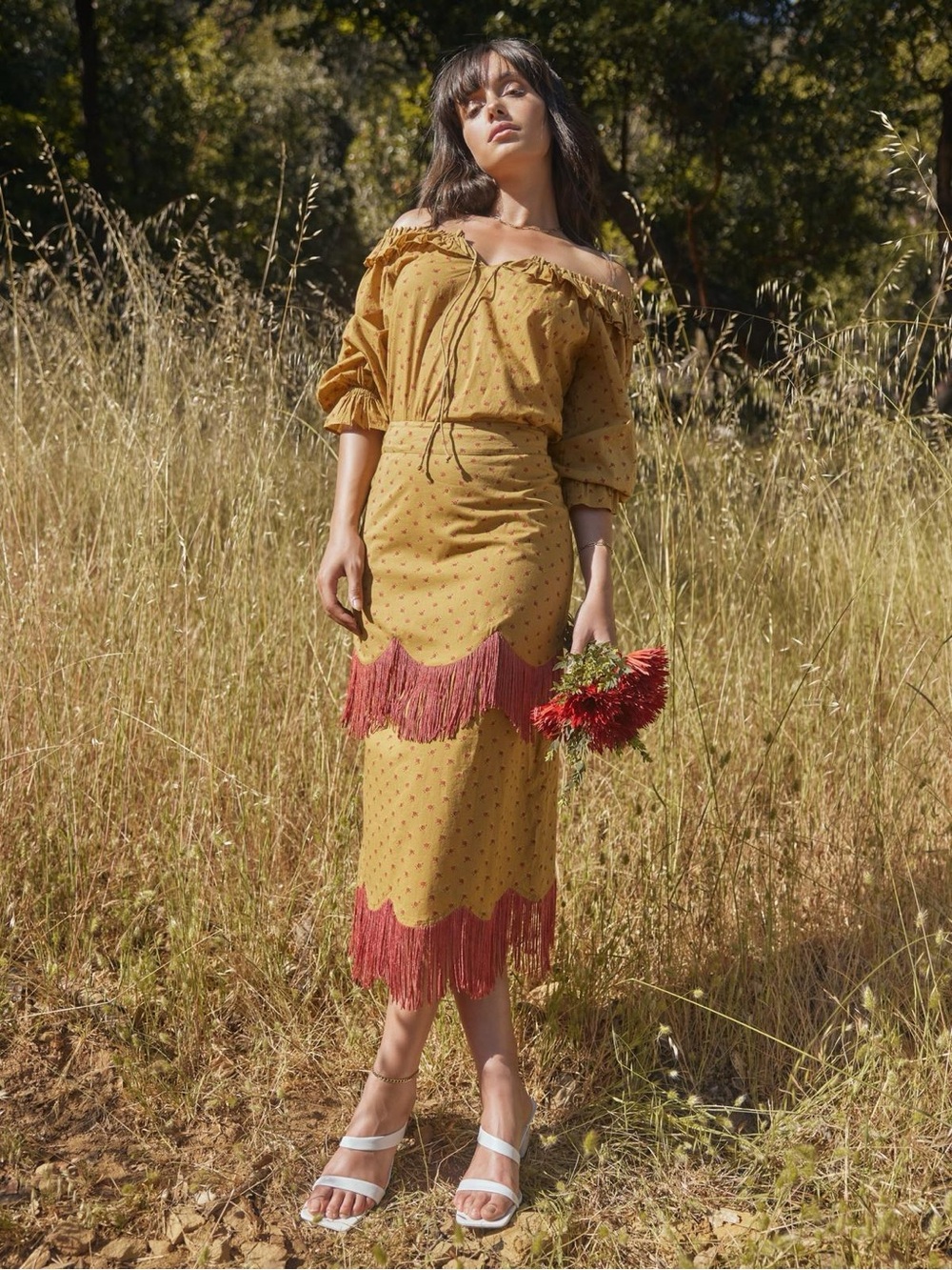 Eddy Peasant Top and Fringe Midi Skirt SET Size XS